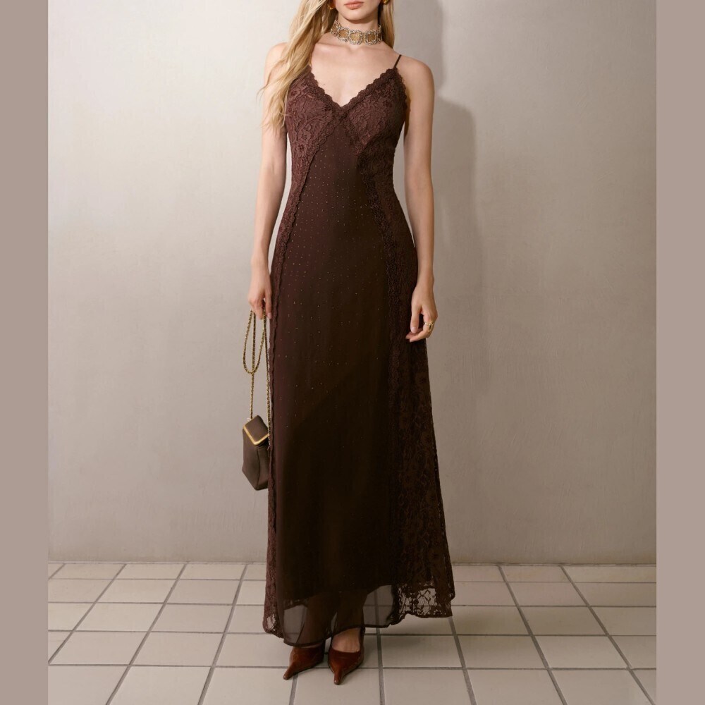 Brown Lace Panel Spaghetti Strap Sparkle Maxi Slip Dress